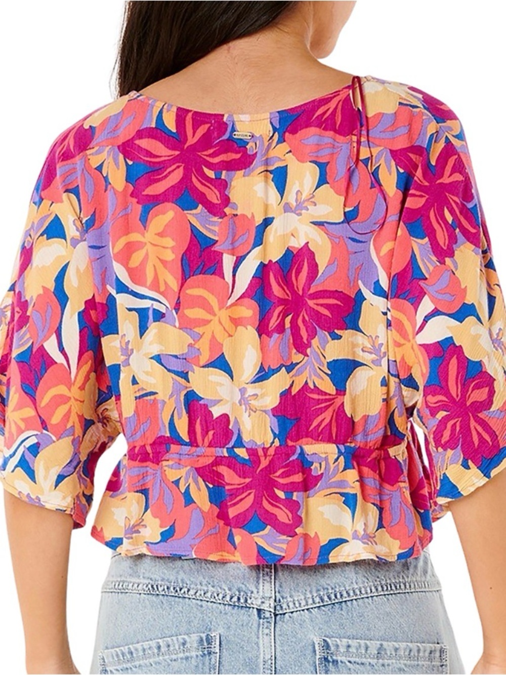 Rip Curl Pink Multi Floral V-Neck Tie-Front Crop Top - Picture 2 of 6